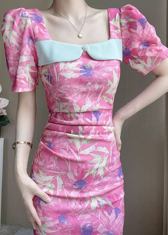 New Pink Print Side Open Cotton Dresses Summer ZL026