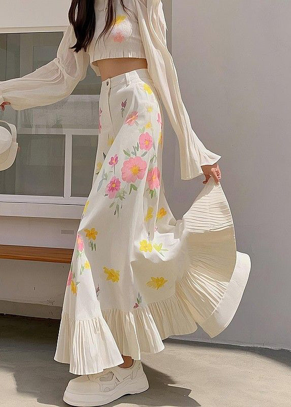 Print Spring Waist Pink High New Wrinkled Cotton Skirts