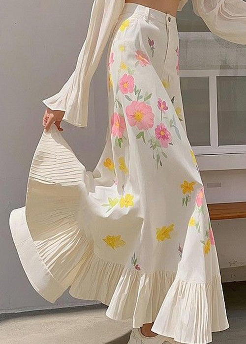 Print Spring Waist Pink High New Wrinkled Cotton Skirts