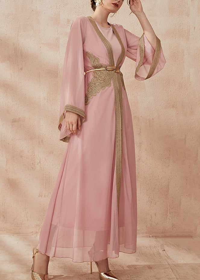 New Pink Solid Tie Waist Chiffon Two Pieces Set Flare Sleeve AA1001