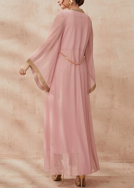 New Pink Solid Tie Waist Chiffon Two Pieces Set Flare Sleeve AA1001