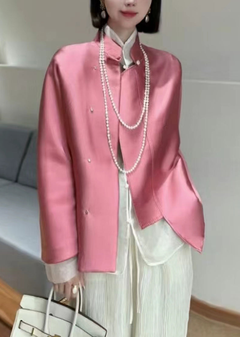 New Pink Stand Collar Button Patchwork Silk Coats Spring Ada Fashion