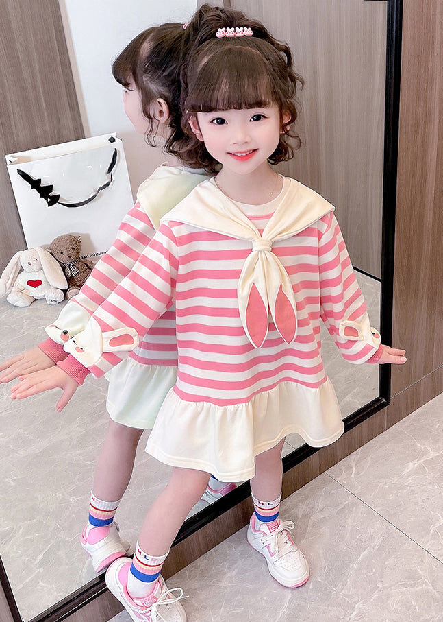 New Pink Striped Bow Cotton Girls Dresses Long Sleeve XZ064