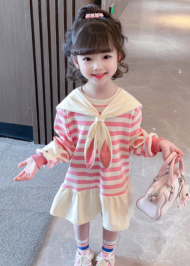 New Pink Striped Bow Cotton Girls Dresses Long Sleeve XZ064