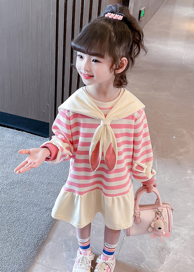 New Pink Striped Bow Cotton Girls Dresses Long Sleeve XZ064