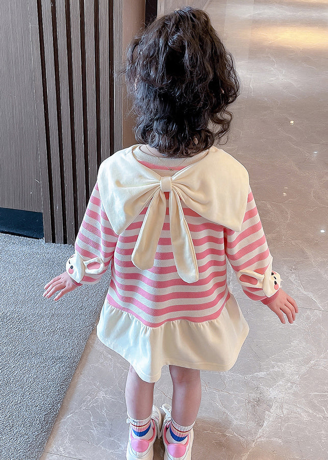 New Pink Striped Bow Cotton Girls Dresses Long Sleeve XZ064