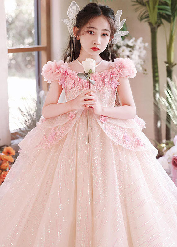 New Pink V Neck Floral Flattering Tulle Girls Maxi Dress Summer YE005