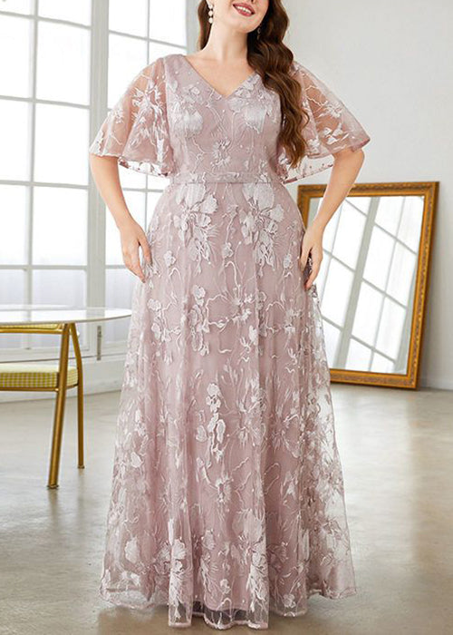 Dress Pink V High Sleeve Flare Waist Party New Lace Neck