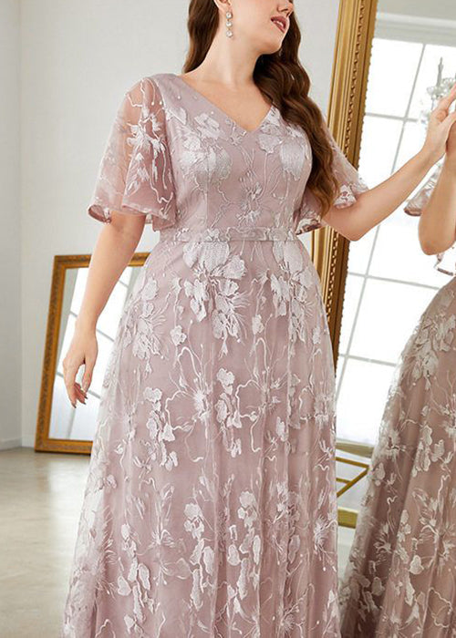 Dress Pink V High Sleeve Flare Waist Party New Lace Neck