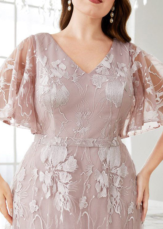 Dress Pink V High Sleeve Flare Waist Party New Lace Neck