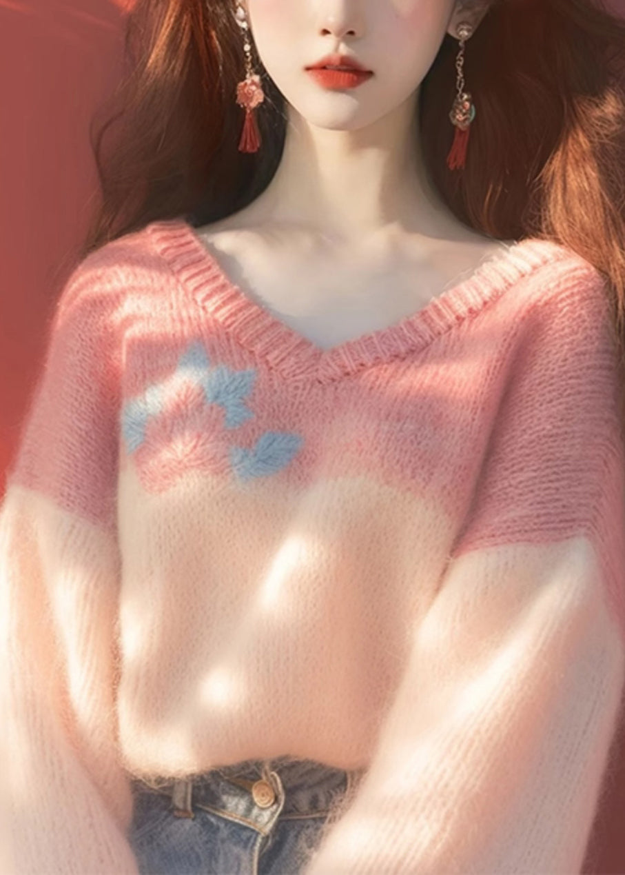 New Pink V Neck Patchwork Knit Sweaters Winter WX020