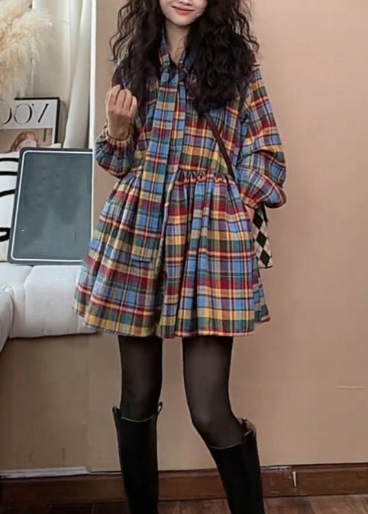 New Plaid Tie Waist Wrinkled Woolen Shirts Dress Spring TN039