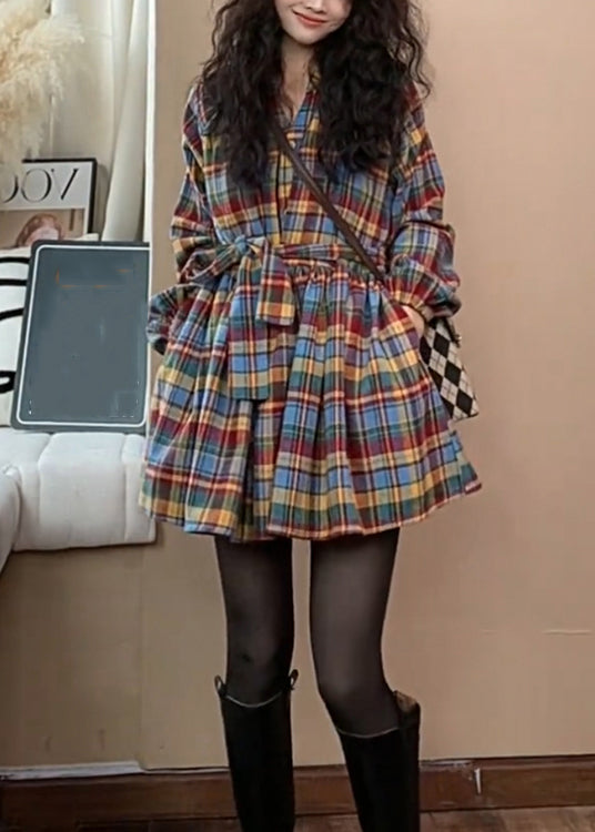 New Plaid Tie Waist Wrinkled Woolen Shirts Dress Spring TN039