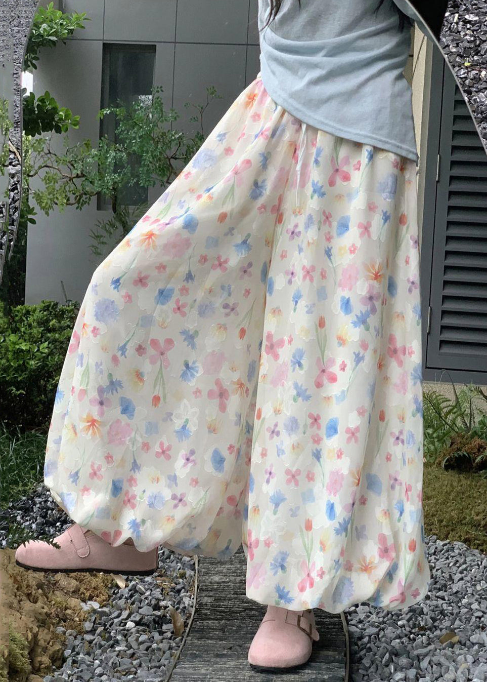 New Waist Summer Pants Cotton Leg Wide Print Elastic