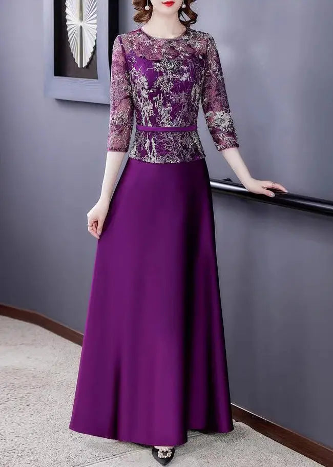 New Purple Embroidered Tulle Patchwork Maxi Dresses Half Sleeve Ada Fashion