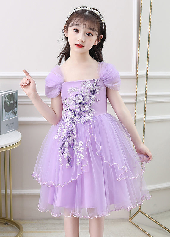 New Purple Embroideried High Waist Tulle Girls Vacation Maxi Dresses Summer EW013