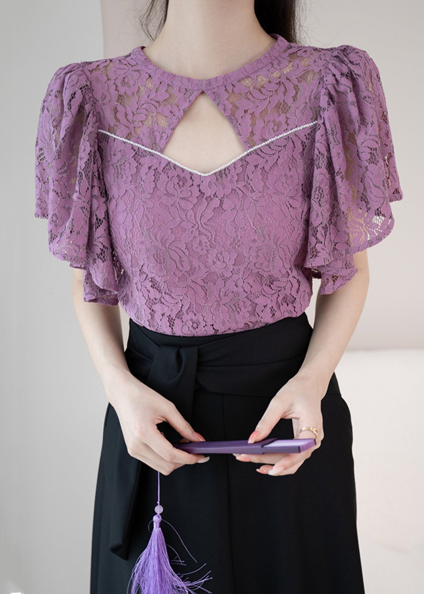 New Purple O-Neck Hollow Out Lace Shirt Summer OP1016