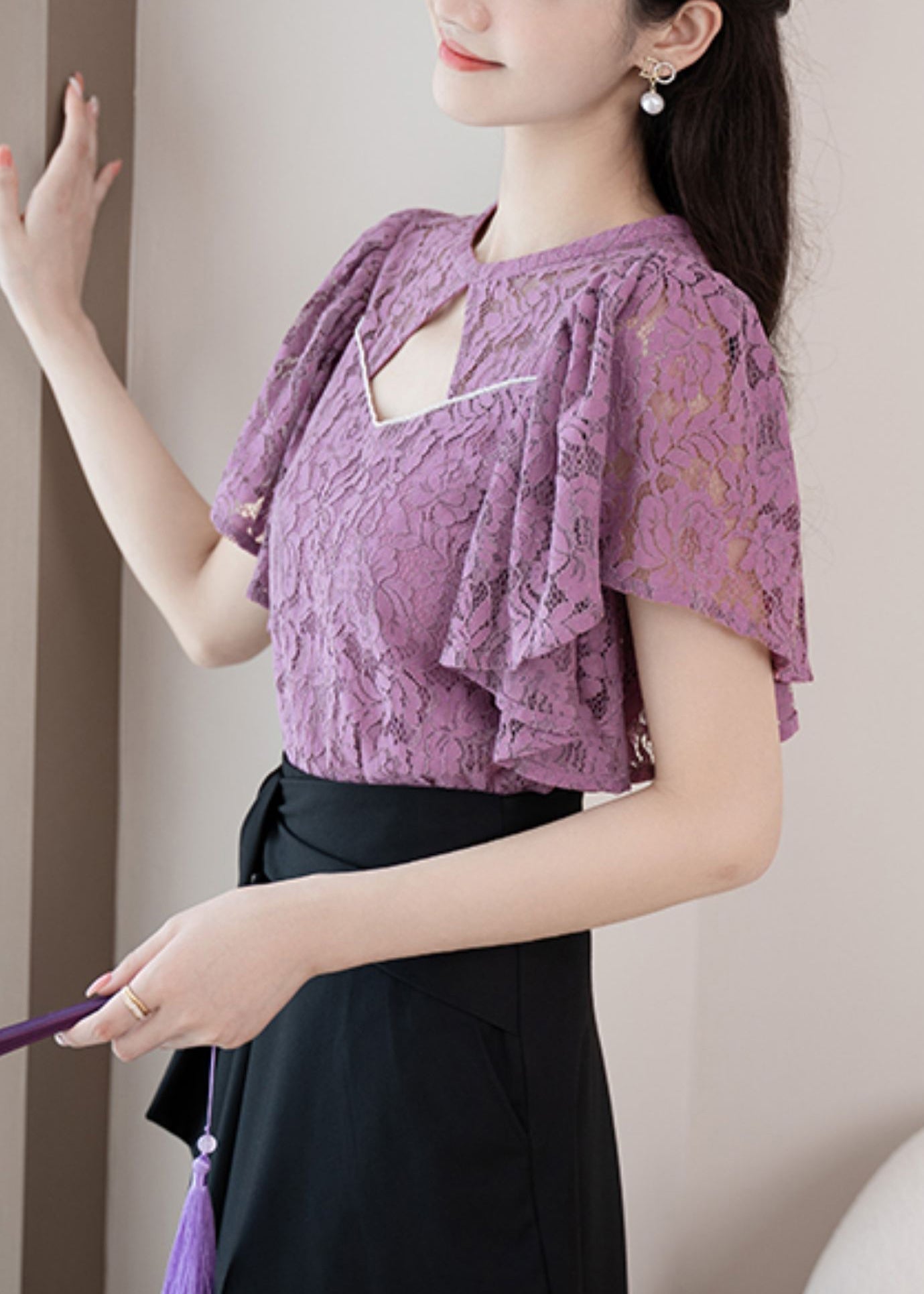 New Purple O-Neck Hollow Out Lace Shirt Summer OP1016