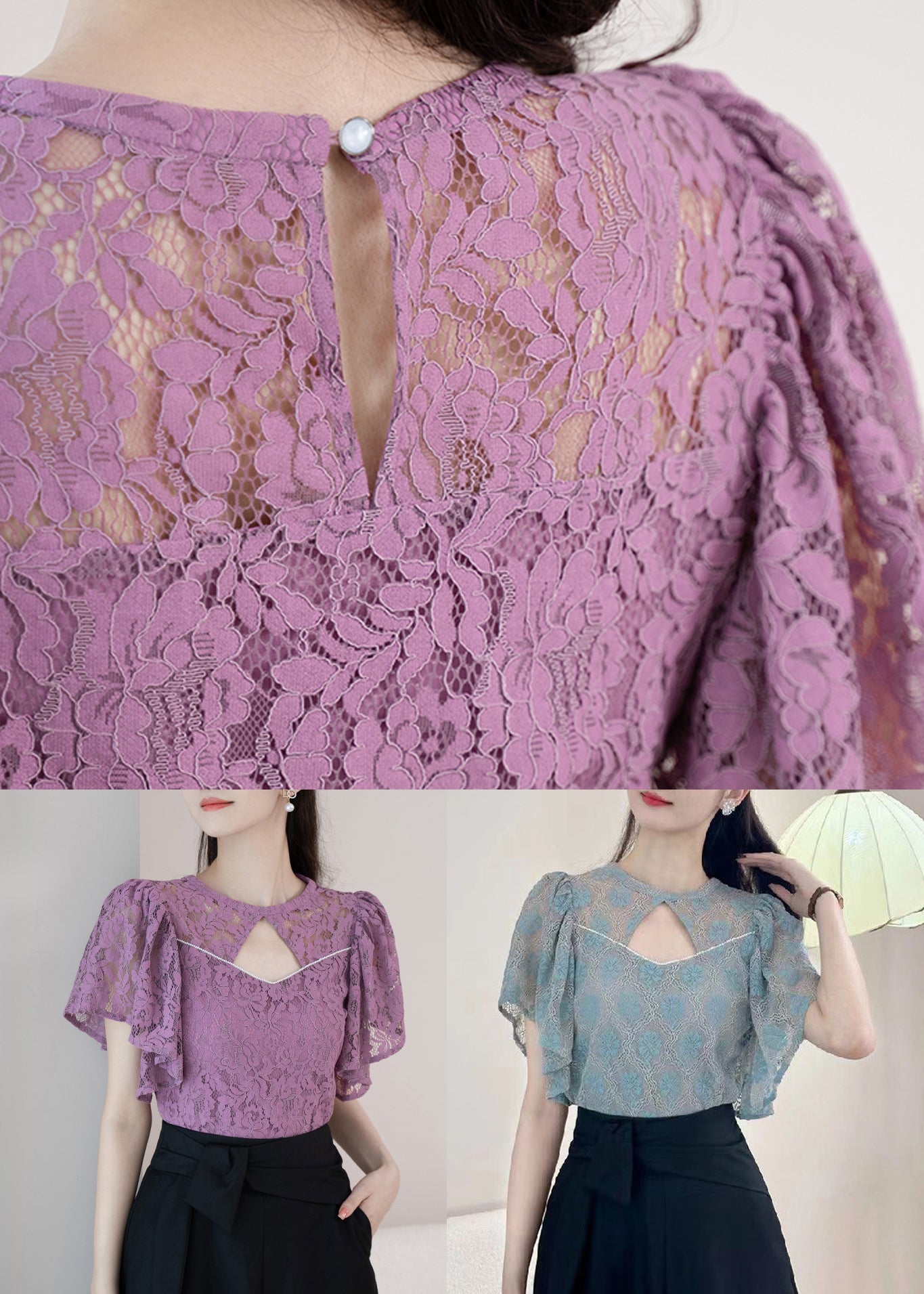 New Purple O-Neck Hollow Out Lace Shirt Summer OP1016