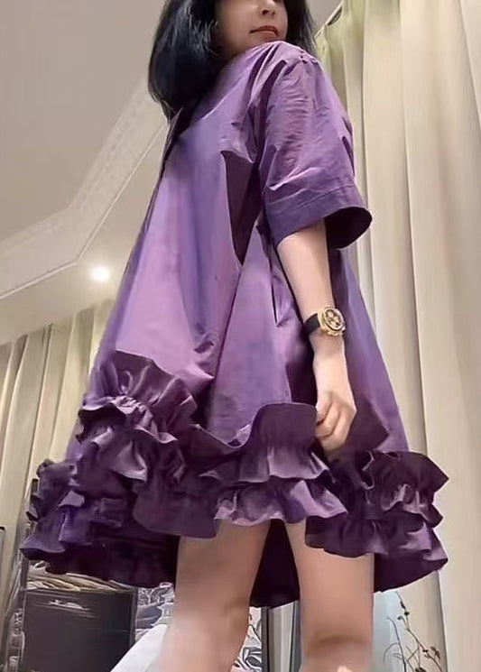 Neck O Cotton New Ruffled Mid Patchwork Dresses Purple Summer