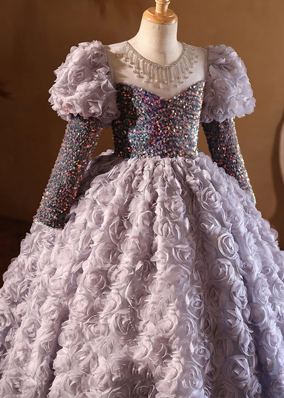 New Purple O-Neck Sequins Tulle Girls Long Dress Spring YG015