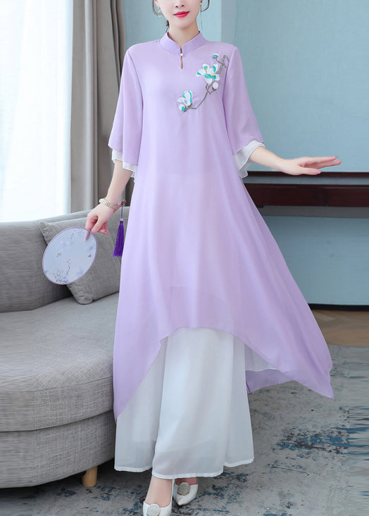 New Purple Stand Collar Embroidered Chiffon Two Pieces Set Half Sleeve OP1004