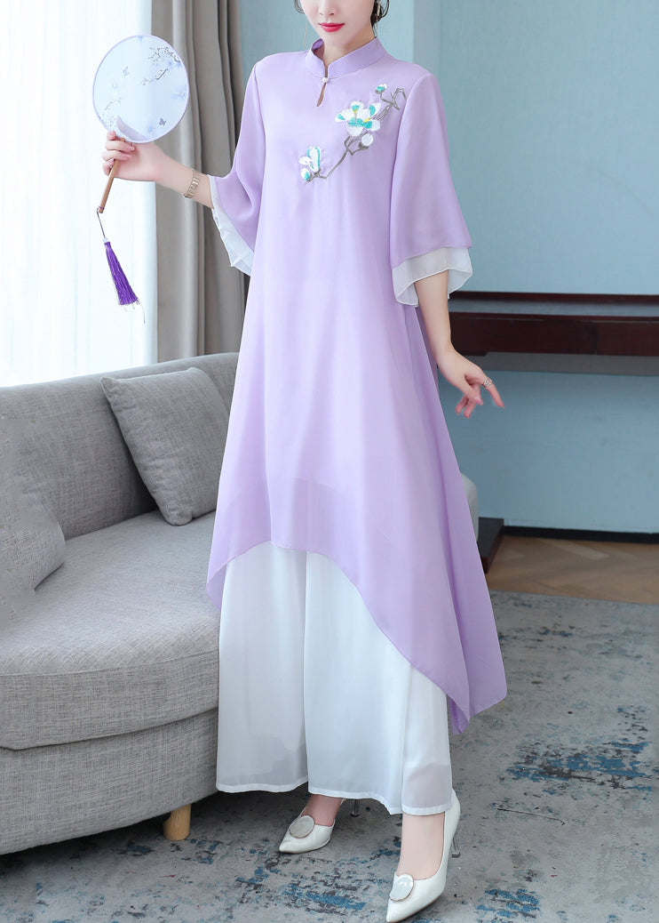 New Purple Stand Collar Embroidered Chiffon Two Pieces Set Half Sleeve OP1004