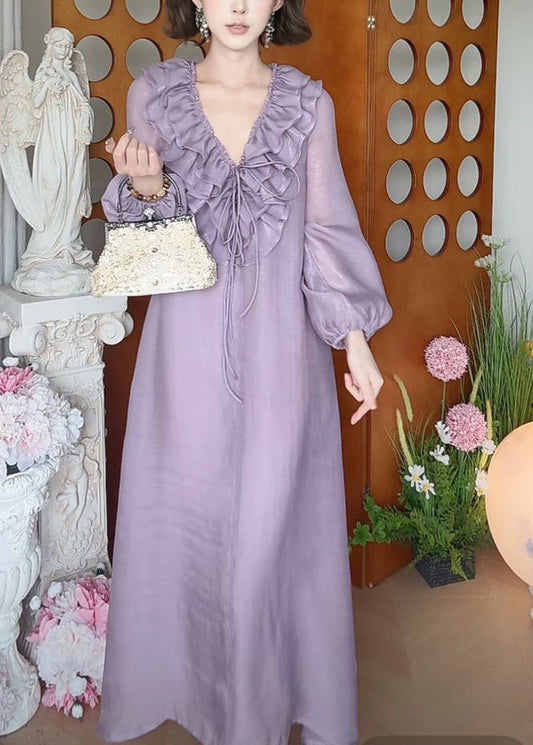Long Lace Neck V Fall Silk Ruffled Up New Purple Dress