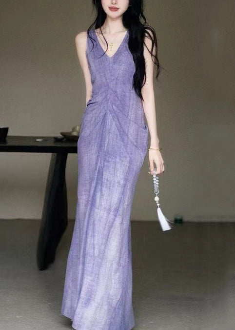 New Purple V Neck Solid Cotton Long Dresses Sleeveless KK022