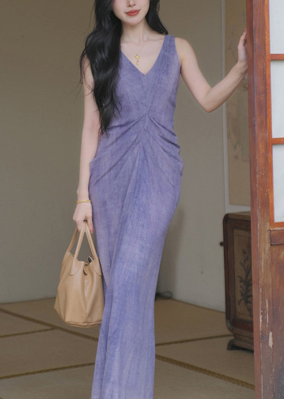 New Purple V Neck Solid Cotton Long Dresses Sleeveless KK022