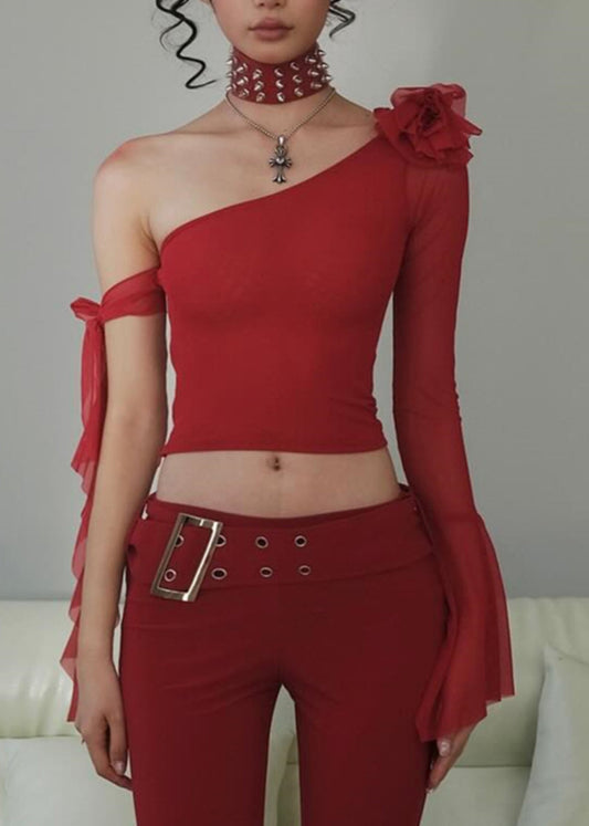 New Red Asymmetrical Solid Cotton T Shirt Long Sleeve EE1057