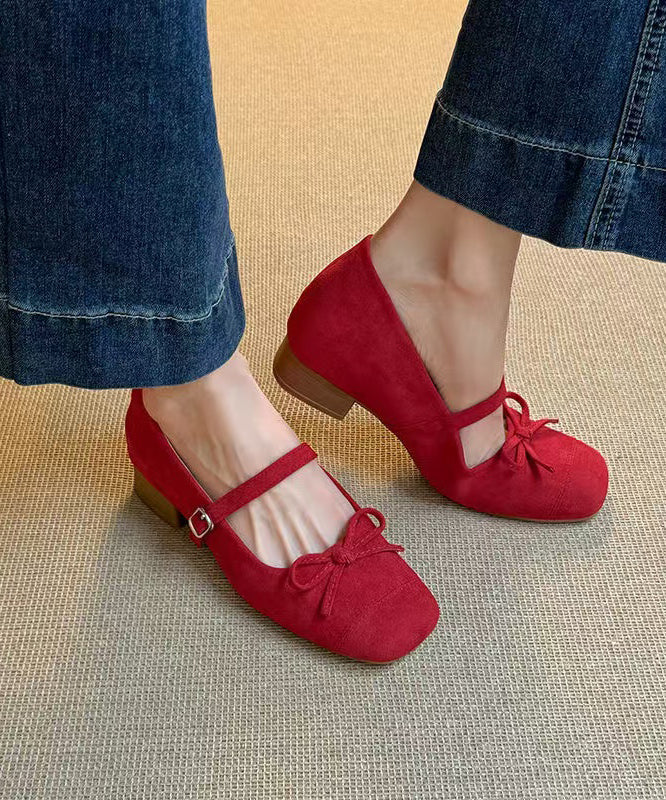 Suede Shoes Red Chunky Splicing New Buckle Bow Strap