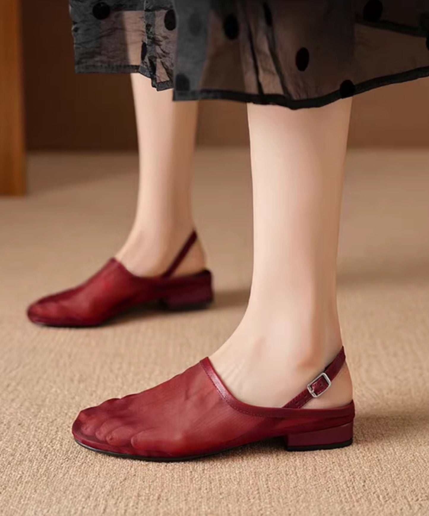 Tulle Leather New Walking Cowhide Sandals Red Splicing