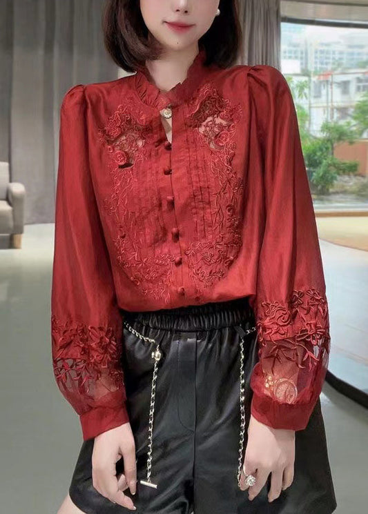 New Red Embroidered Ruffled Button Cotton Shirt Long Sleeve Ada Fashion