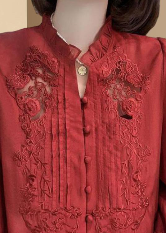 New Red Embroidered Ruffled Button Cotton Shirt Long Sleeve Ada Fashion