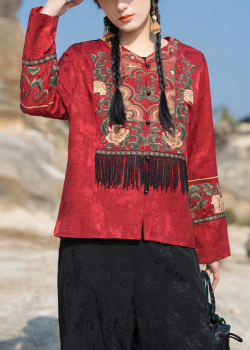 New Red Embroidered Tasseled Silk Coat Long Sleeve Ada Fashion