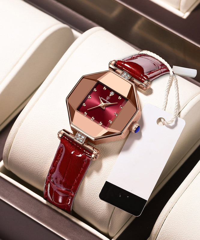 Mineral Red Waterproof Movement New Glass Leather Quartz Tempere