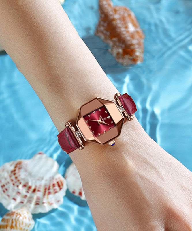 Mineral Red Waterproof Movement New Glass Leather Quartz Tempere