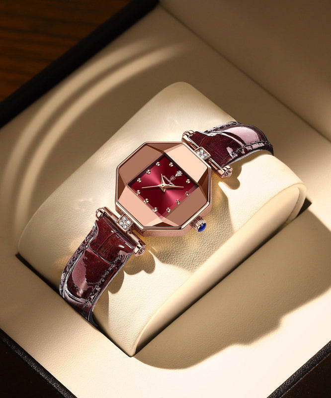 Mineral Red Waterproof Movement New Glass Leather Quartz Tempere