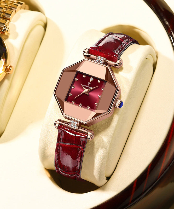 Mineral Red Waterproof Movement New Glass Leather Quartz Tempere