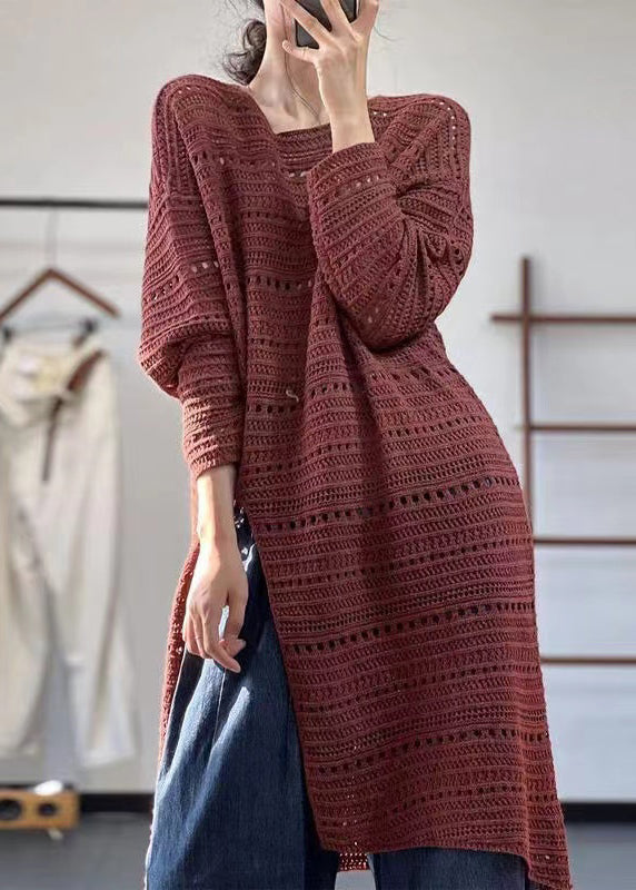 New Red O Neck Hollow Out Side Open Knit Dress Fall RU006