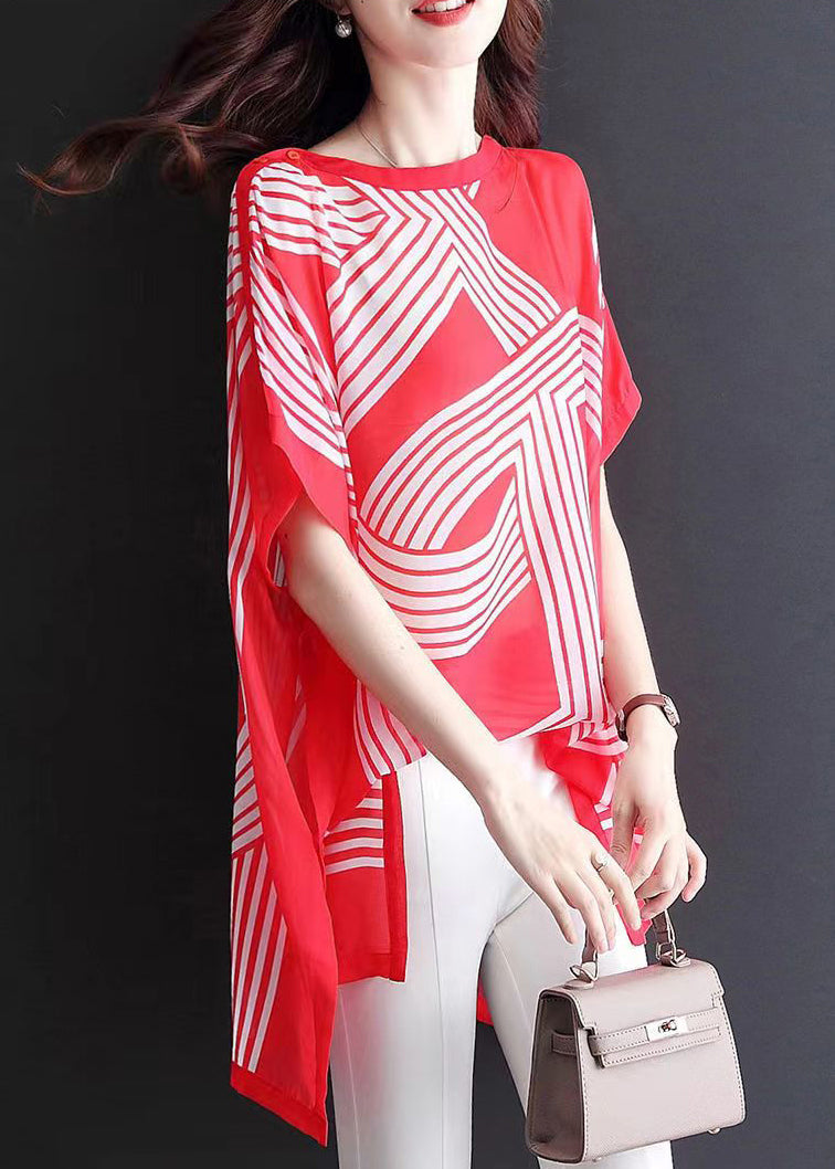 New Red O Neck Print Chiffon T Shirt Short Sleeve OP1089