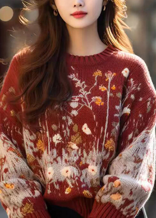 New Red O Neck Print Cozy Woolen Knit Sweaters Spring YY039