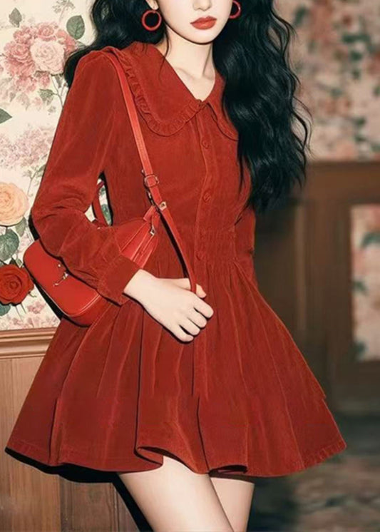 Pan Corduroy Spring Collar Red Peter New Mid Dress Button
