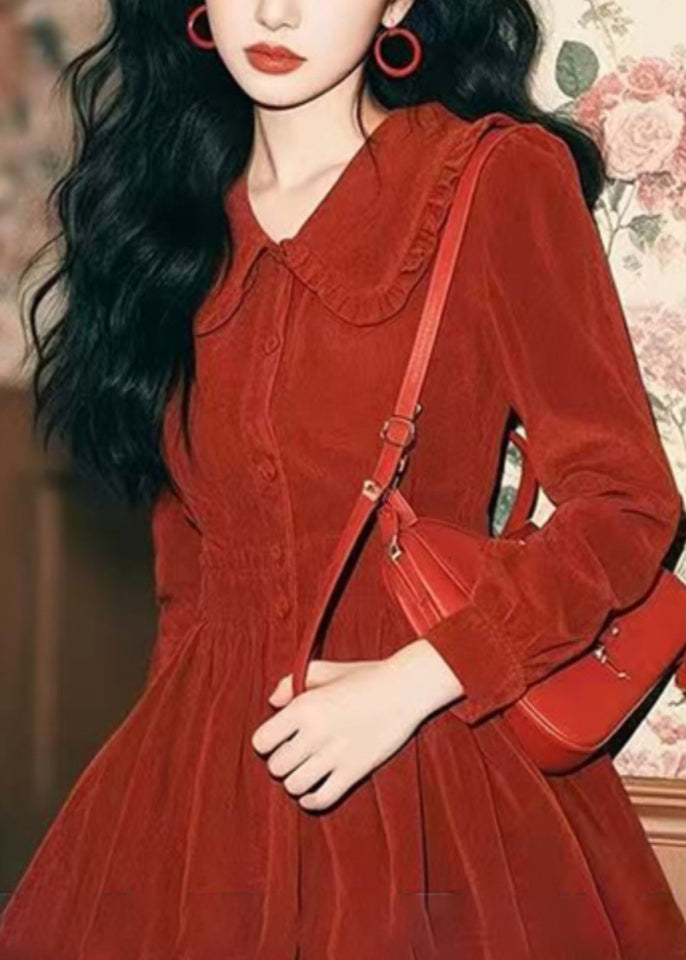 Pan Corduroy Spring Collar Red Peter New Mid Dress Button