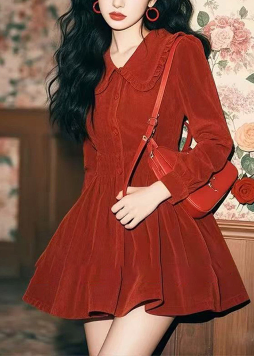 Pan Corduroy Spring Collar Red Peter New Mid Dress Button