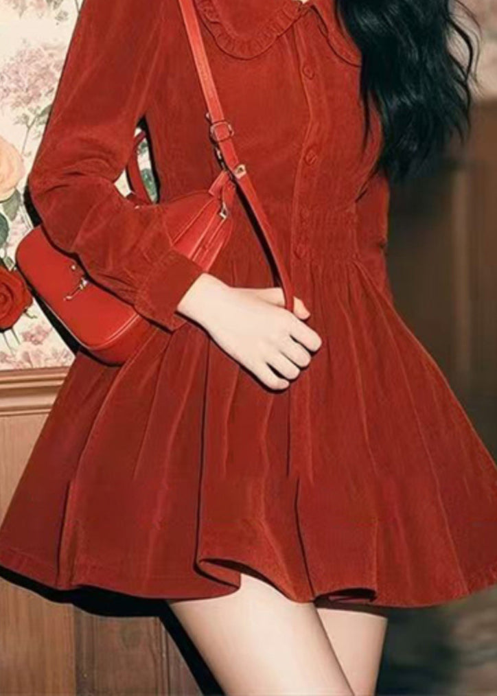 Pan Corduroy Spring Collar Red Peter New Mid Dress Button