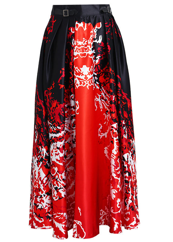 New Red Print Pockets High Waist Silk Skirts Spring Ada Fashion