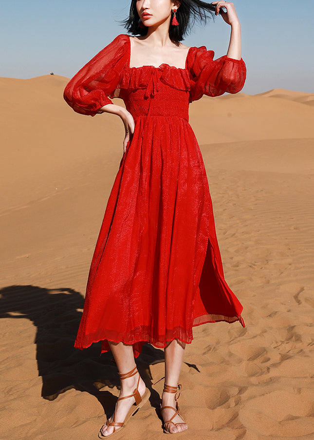 Collar Puff Red Side Beach New Dress Square Open Sleeve Cotton