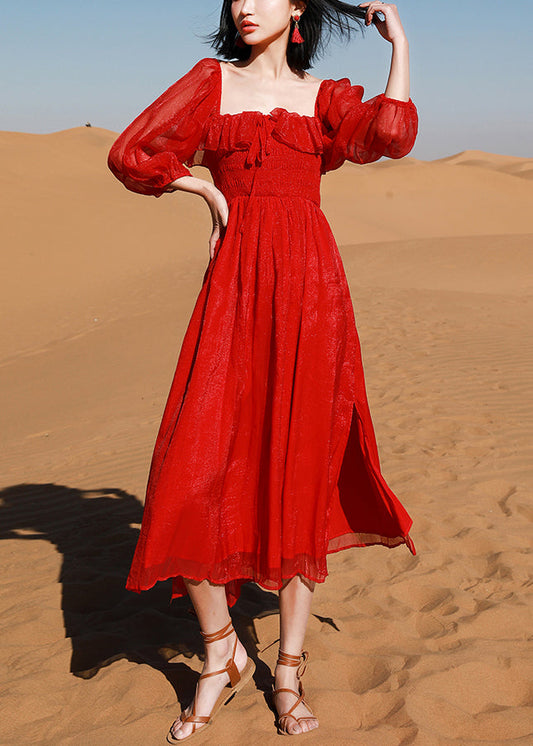 Collar Puff Red Side Beach New Dress Square Open Sleeve Cotton